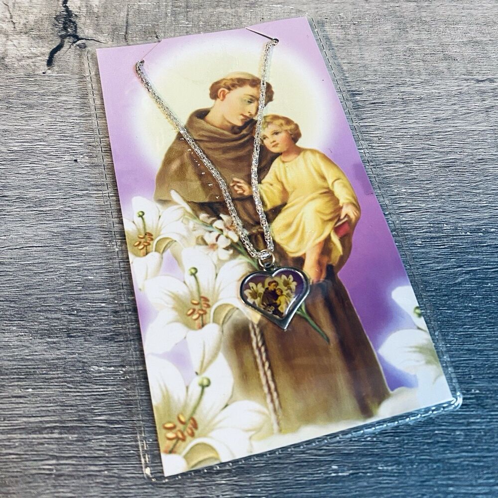 Novena Prayer to St. Anthony Padua Prayer Card w Silvertone Necklace 18” Novelty